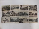 several old black and white photos of a train station and people