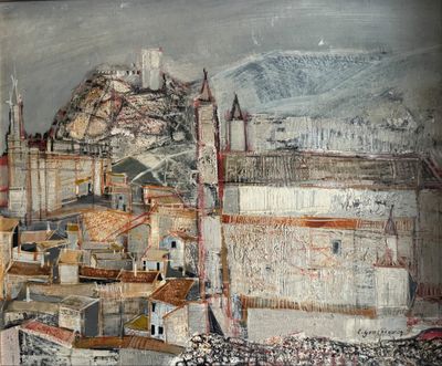 a painting of a city with a mountain in the background