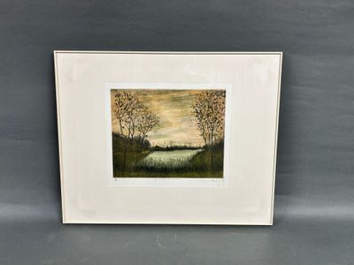 une image d'un tableau représentant un paysage avec des arbres au premier plan