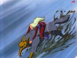 cartoon of a woman riding a surfboard on top of a wave