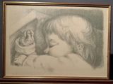 drawing of a child holding a cat in his arms