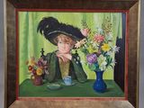 un tableau représentant une femme assise à une table, avec des fleurs dans un vase