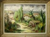 une peinture à l'huile représentant un village avec un chemin de terre au premier plan