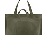 an olive green tote bag with a small pocket on the front