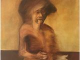 tableau représentant une femme coiffée d'un chapeau et vêtue d'une robe, les mains posées sur la poitrine