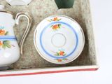 a tea set in a box with a cup and saucer