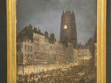 painting of a street scene with a clock tower in the background