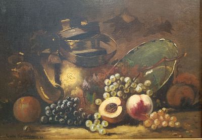 une peinture représentant une nature morte avec des fruits et une théière