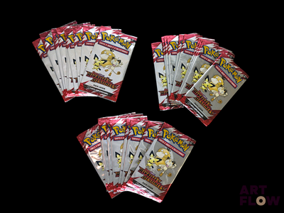 four packs of pokemon trading cards are shown on a black background