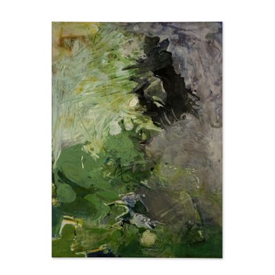 une peinture abstraite représentant des fleurs vertes et blanches sur un fond gris