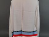 the back of a white shirt with red, blue and white stripes on it