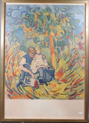 tableau représentant un homme assis sur une chaise devant un arbre