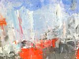 une peinture représentant un camion rouge dans une rue de la ville