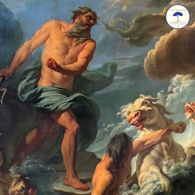 a painting of a man riding a horse in the ocean
