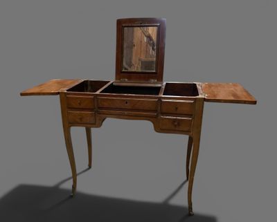 un petit bureau en bois surmonté d'un miroir
