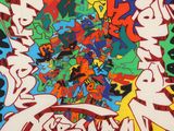 a painting of graffiti on a black background with colorful splats