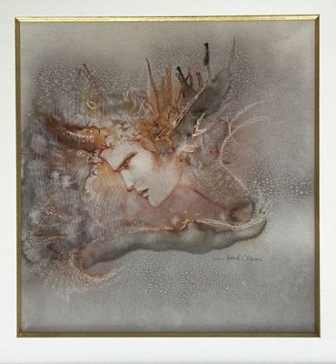 une photo d'un tableau représentant le visage d'une femme dans un coquillage