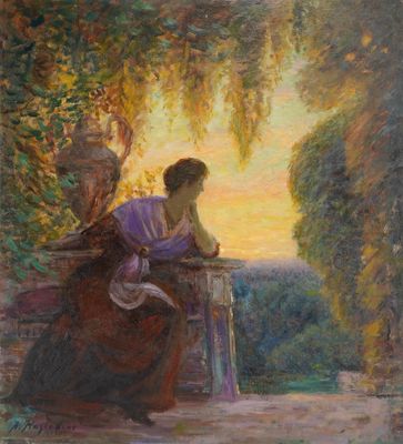 a painting of a woman sitting on a bench in a garden