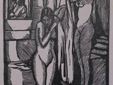 drawing of a woman drying a dog ' s clothes in a bathroom