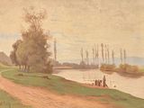un tableau représentant des vaches paissant au bord d'une rivière
