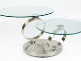 two round glass tables with metal bases on a white background