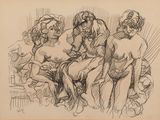 drawing of three nudes sitting on a couch, one of which is holding a baby