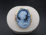 an image of a blue and white ring with a woman ' s face