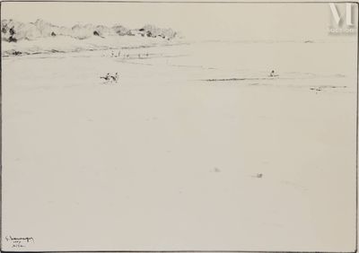 dessin représentant un paysage avec une personne dans l'eau et un chien dans l'eau