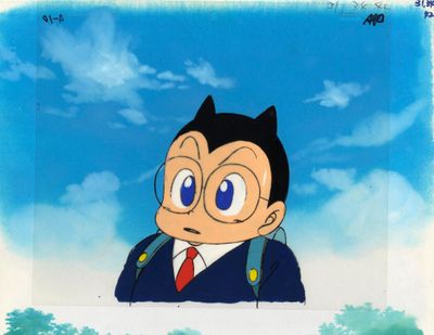 cellule d'animation représentant un garçon en costume-cravate regardant le ciel