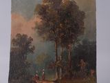 tableau représentant un paysage boisé avec des personnages sur un sentier près d'un arbre