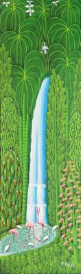 un tableau représentant une cascade au milieu d'une forêt