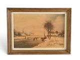 une image représentant un tableau illustrant une scène hivernale avec des personnes sur une rivière gelée