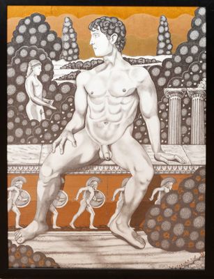 an image of a painting of a man sitting on a ledge