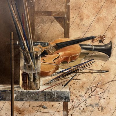 un tableau représentant un violon et d'autres instruments de musique posés sur une table