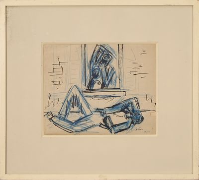 dessin représentant une femme allongée sur un lit devant une fenêtre