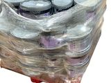 many cans of paint wrapped in plastic on a pallet