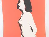 a painting of a woman in a white dress on an orange background