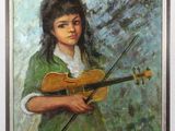 painting of a young girl holding a violin in front of a painting
