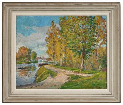 un tableau représentant une rivière avec des arbres et un pont en arrière-plan