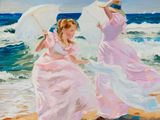 painting of two women walking on the beach holding umbrellas