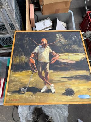 a painting of a man holding a golf club on a table