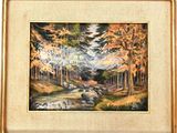 une peinture à l'huile représentant un ruisseau dans une forêt, avec des rochers et des arbres