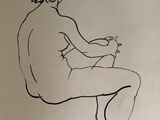 un dessin représentant un homme assis sur un tabouret
