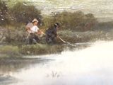 a painting of a man and a dog by the water