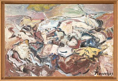 a painting of a group of horses in a field