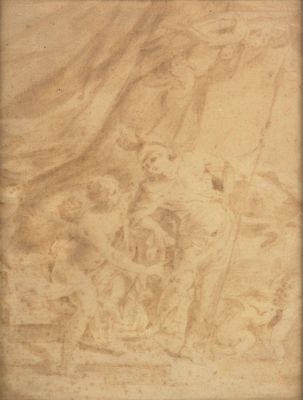 an old drawing of a group of people in a field