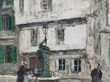a painting of a street scene with a fountain in the middle of the street