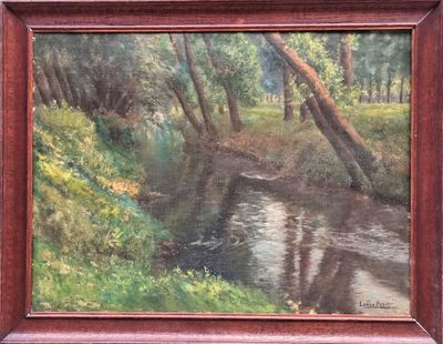 a painting of a stream running through a forest