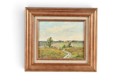 une image d'un tableau représentant un paysage dans un cadre doré