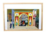 painting of people walking in front of a book store